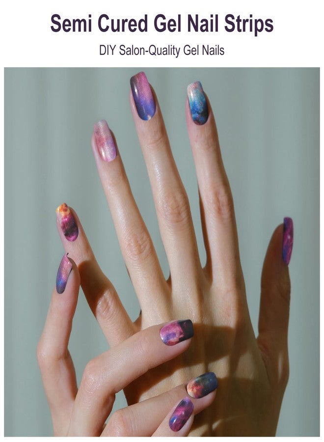 DUKASOU Semi Cured Gel Nail Strips, 28 pcs Gel Nails Stickers for Women Work with Any UV Lamp, Long Lasting UV Gel Nail Strips for Home DIY Nails Art (Smudge Starry Sky) - Image 2